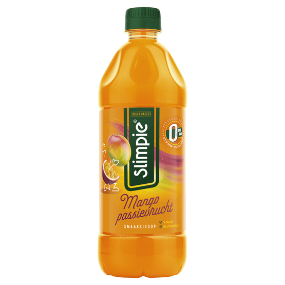Foto van Slimpie Limonadesiroop mango-passievrucht 0% op witte achtergrond