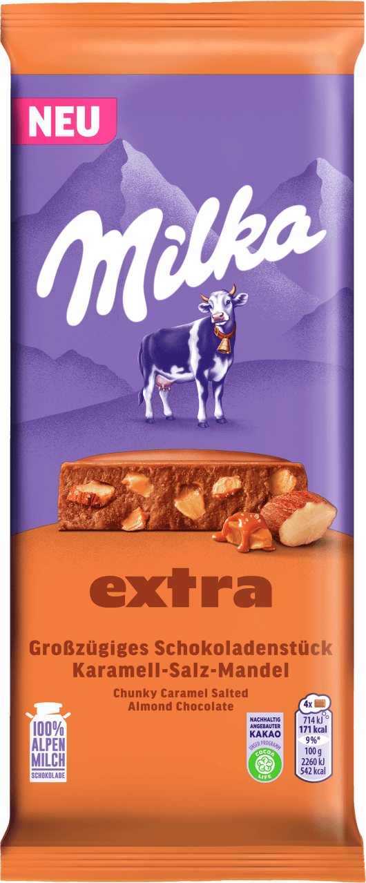 Foto van Milka Chocoladereep salted almond caramel op witte achtergrond