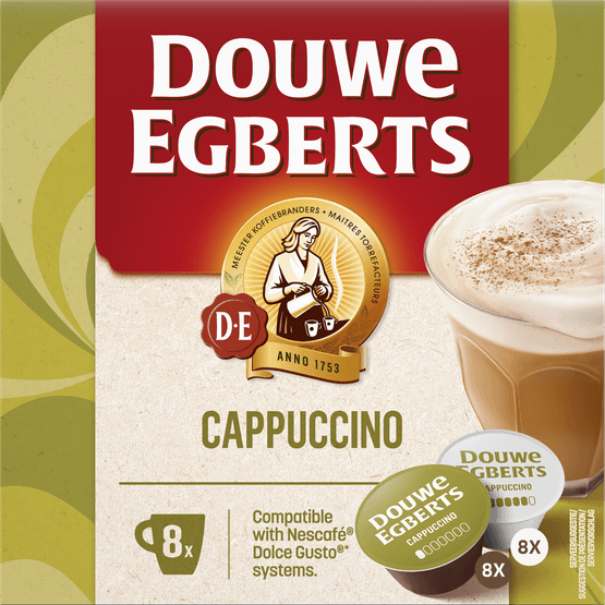 Foto van Douwe Egberts Dolce Gusto Cappuccino op witte achtergrond