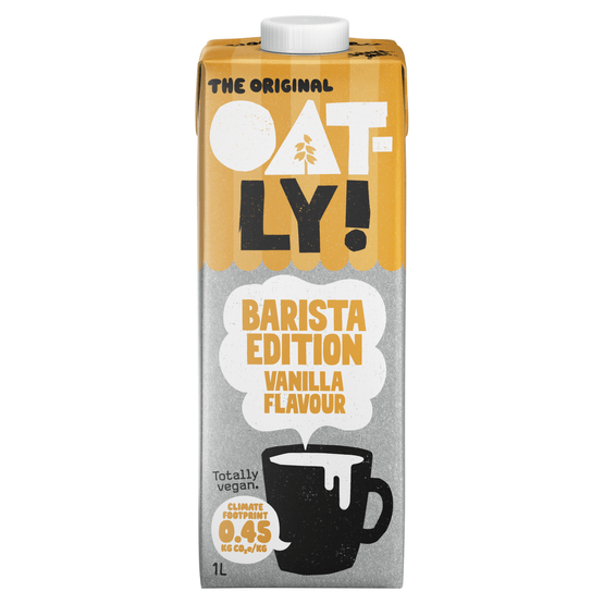 Foto van Oatly Barista edition hafer oat vanilla flavour op witte achtergrond