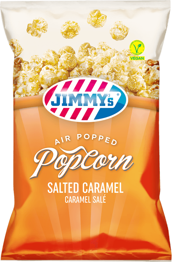 Foto van Jimmy's Popcorn salted caramel op witte achtergrond