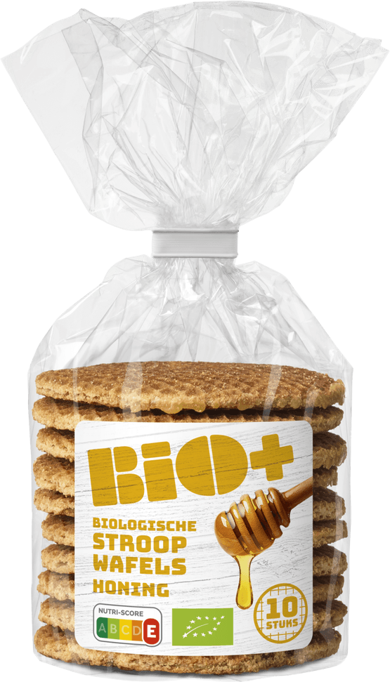 Foto van Bio+ Stroopwafel honing op witte achtergrond
