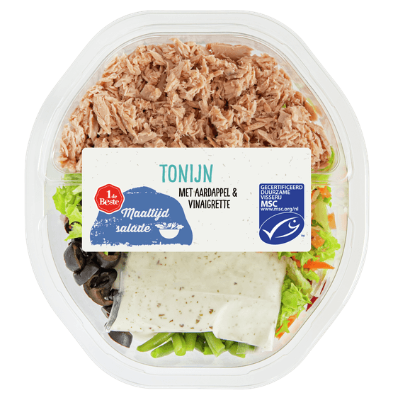 Foto van 1 de Beste Maaltijdsalade tonijn op witte achtergrond