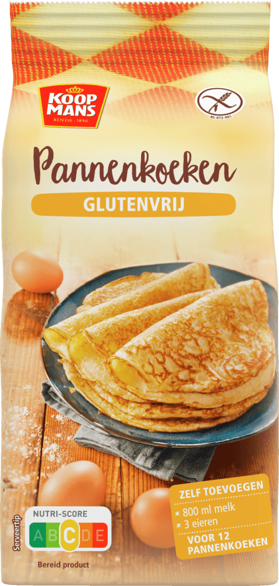 Foto van Koopmans Pannenkoekenmix glutenvrij op witte achtergrond
