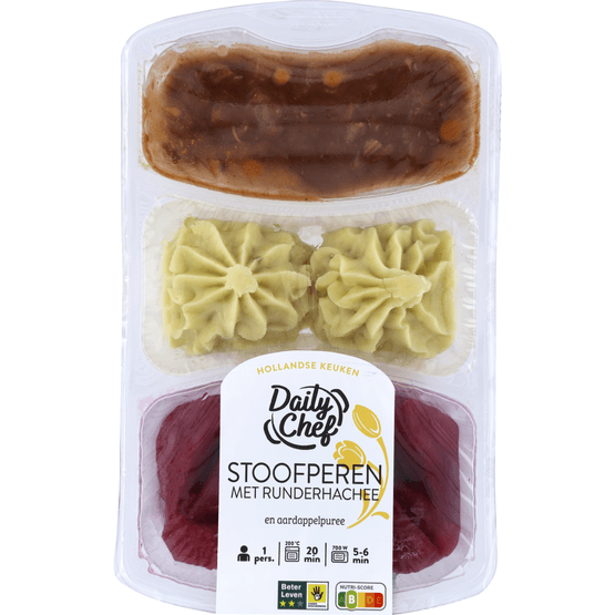 Foto van Daily Chef Stoofperen-puree met hachee op witte achtergrond