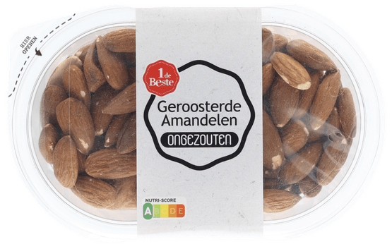 Foto van 1 de Beste Amandelen ongezouten op witte achtergrond