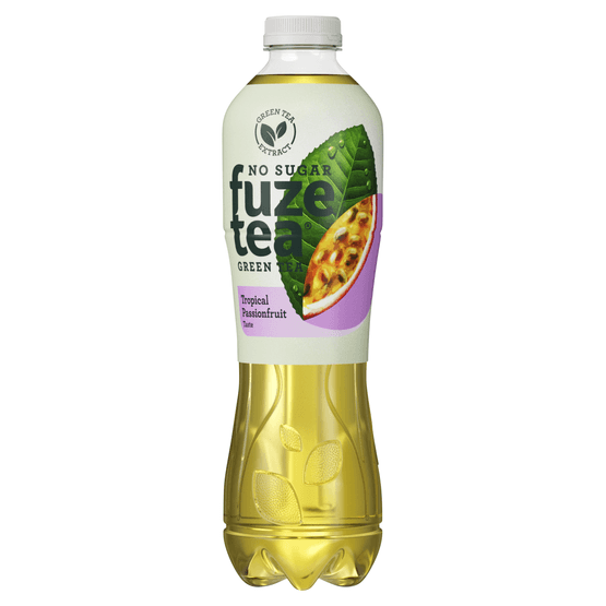 Foto van Fuze tea Tropical passionfruit no sugar op witte achtergrond