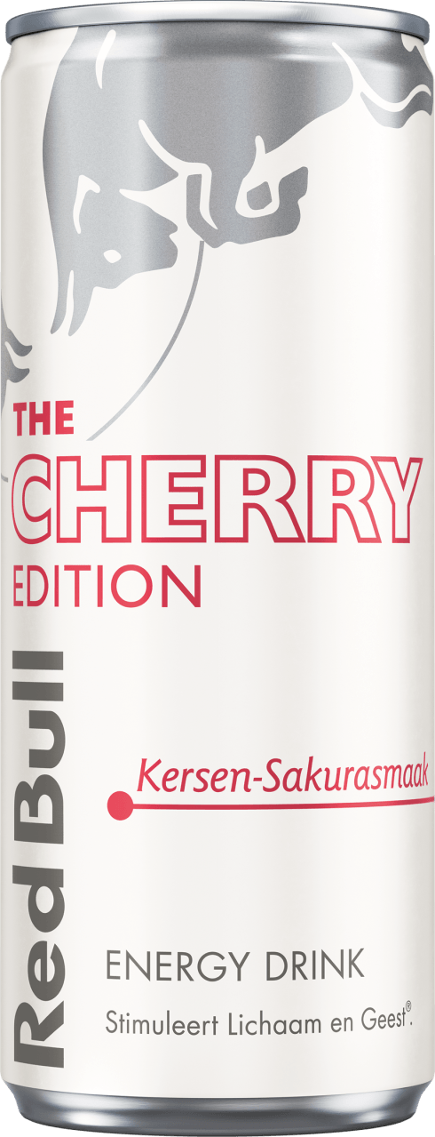 Foto van Red Bull Energy drink cherry edition op witte achtergrond