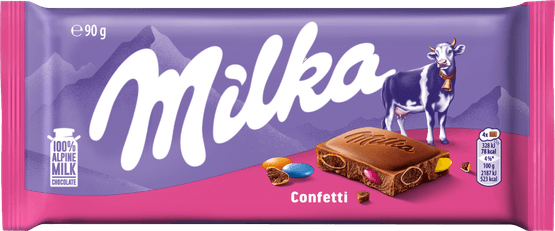 Foto van Milka Chocoladereep confetti op witte achtergrond