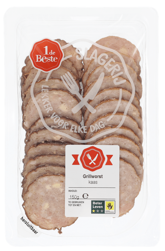 Foto van 1 de Beste Grillworst kaas op witte achtergrond