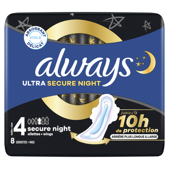 Foto van Always Maandverband ultra secure night wings op witte achtergrond