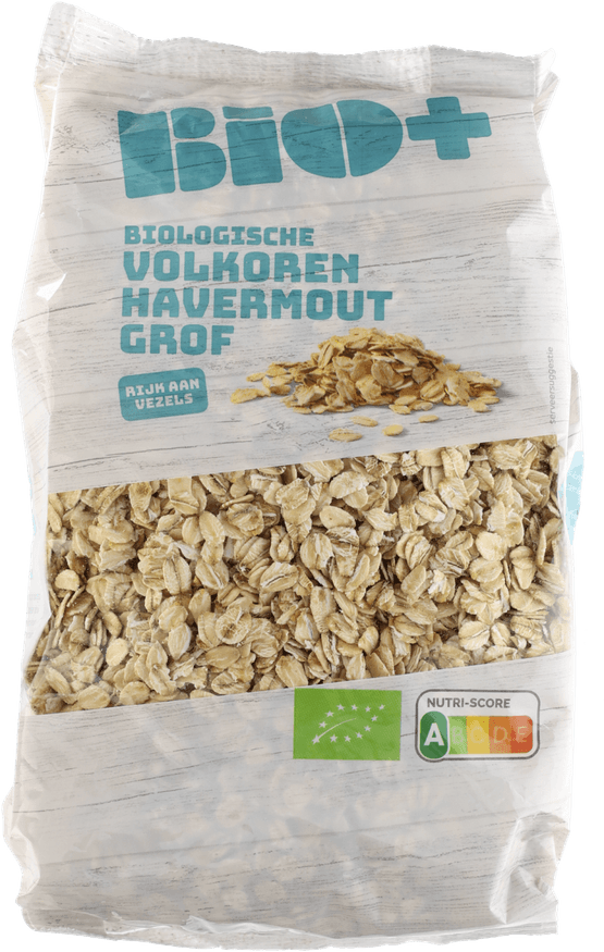Foto van Bio+ Havermout grove vlokken op witte achtergrond