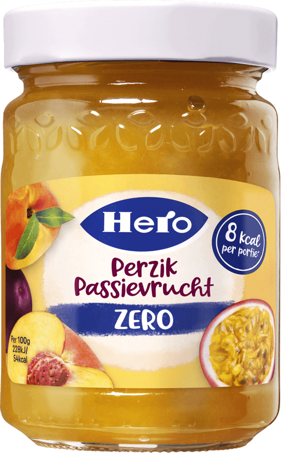 Foto van Hero Jam perzik passievrucht zero op witte achtergrond