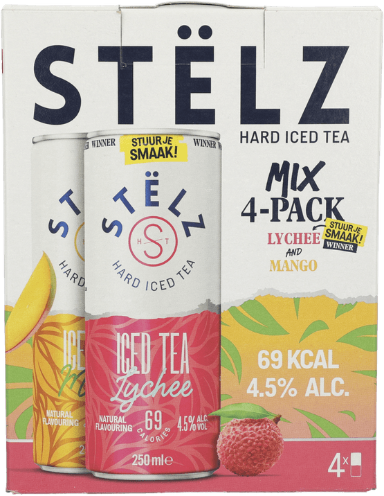 Foto van Stelz Hard ice tea mango & lychee op witte achtergrond