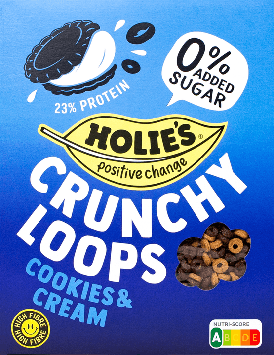 Foto van Holie's Crunchy loops cookies & cream op witte achtergrond