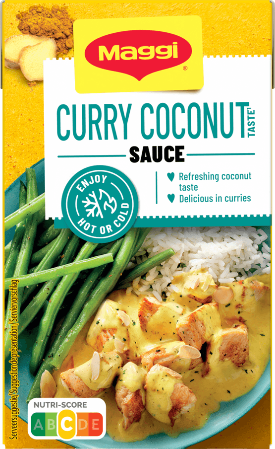 Foto van Maggi Curry coconut sauce op witte achtergrond