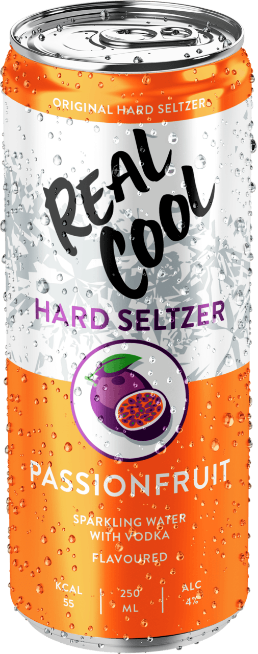 Foto van Real Cool Hard seltzer passionfruit op witte achtergrond