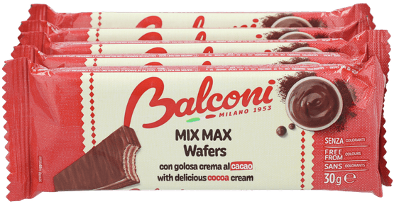 Foto van Balconi Mix max cacao wafers op witte achtergrond