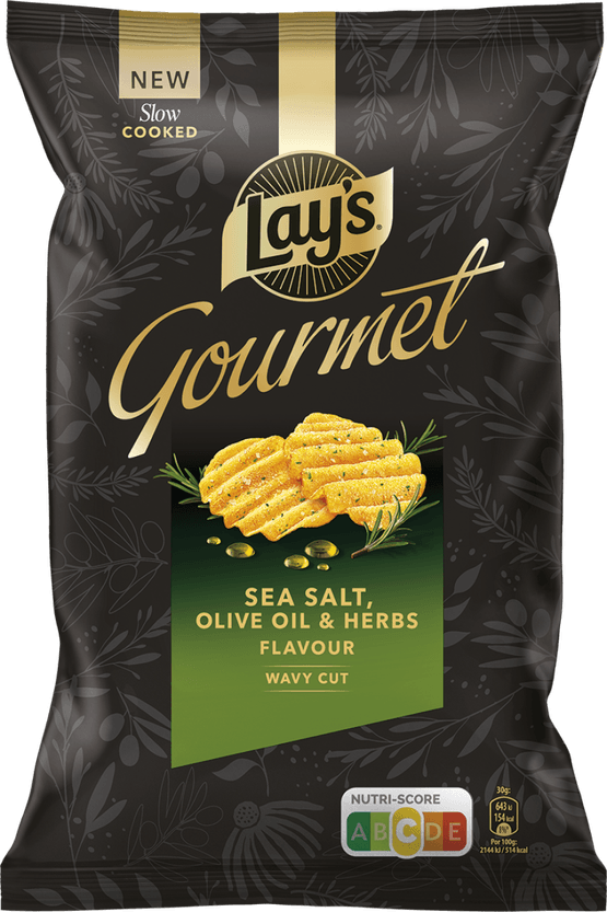 Foto van Lay's Chips gourmet sea salt olive oil&herbs op witte achtergrond