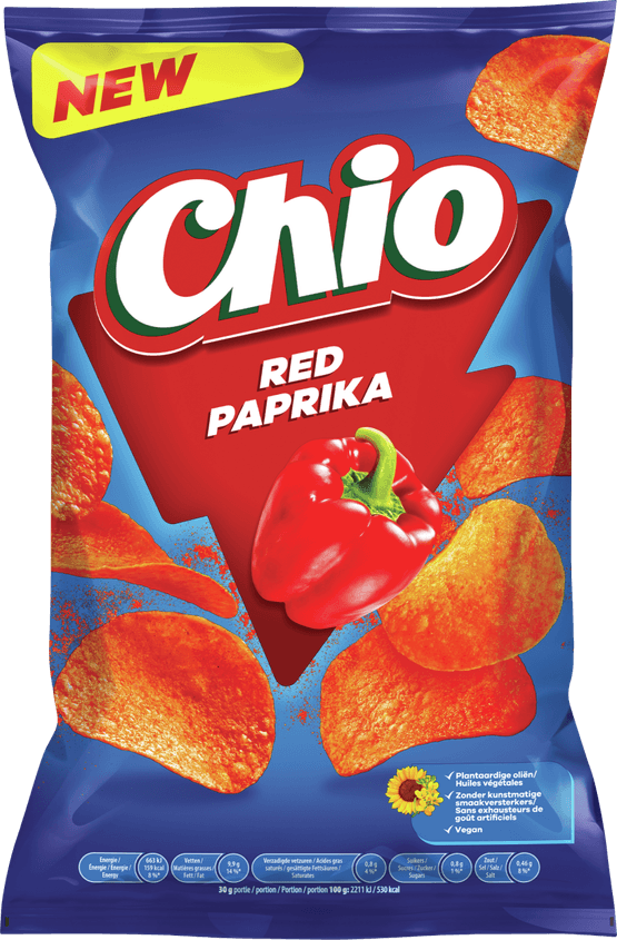Foto van Chio Chips paprika op witte achtergrond
