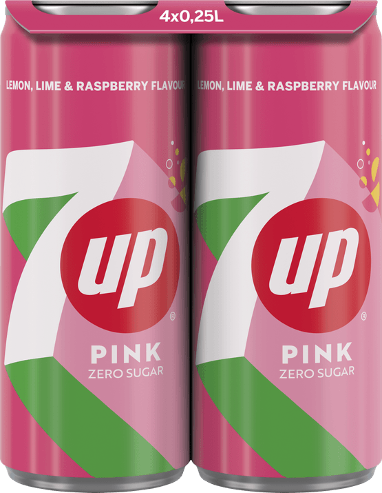 Foto van 7UP Zero pink lemonade op witte achtergrond