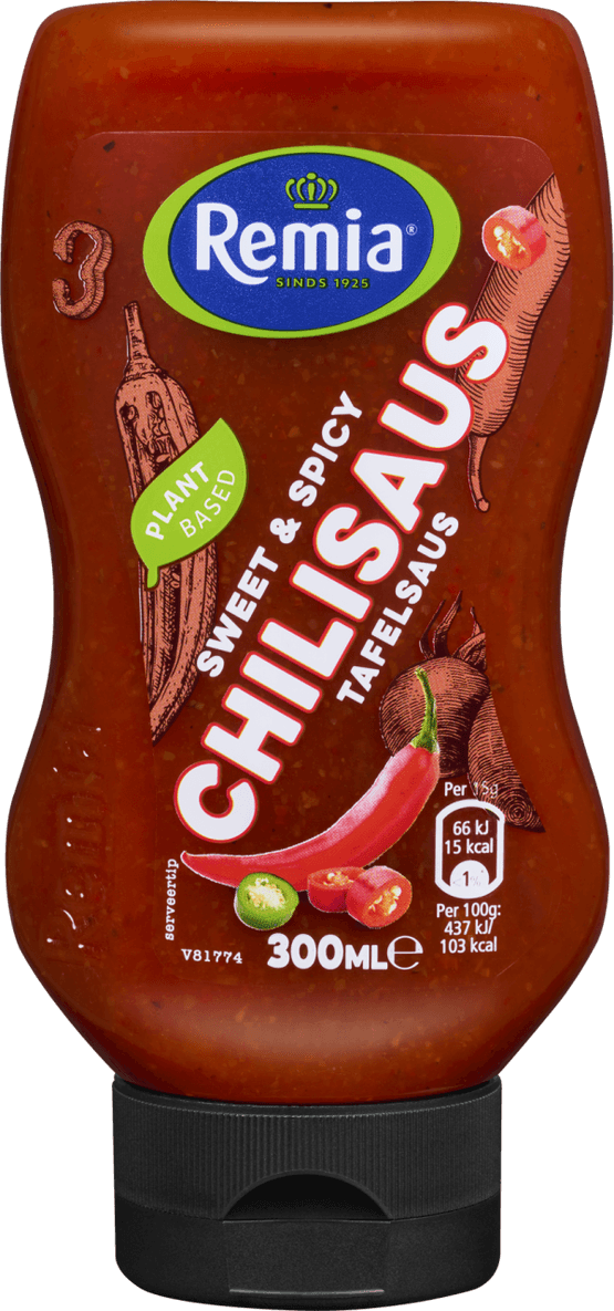 Foto van Remia Tafelsaus chili squeeze op witte achtergrond
