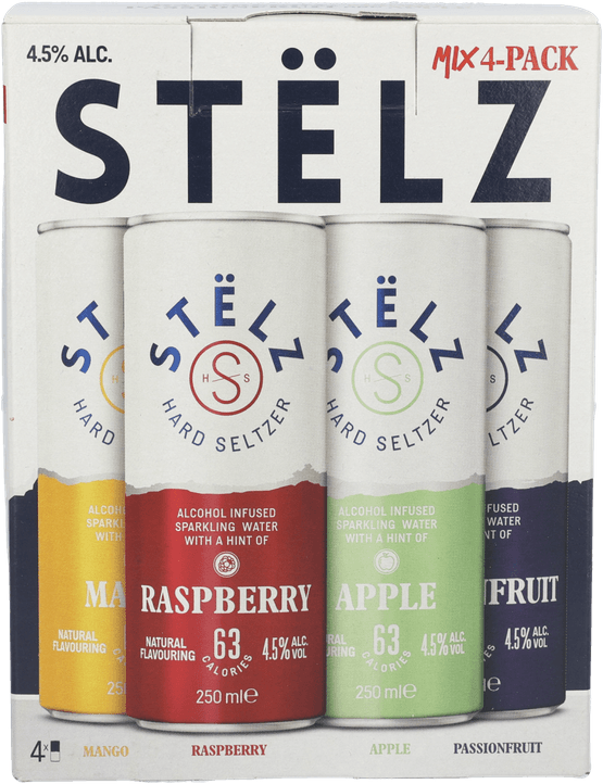 Foto van Stelz Hard seltzer apple & raspberry & mango & pa op witte achtergrond