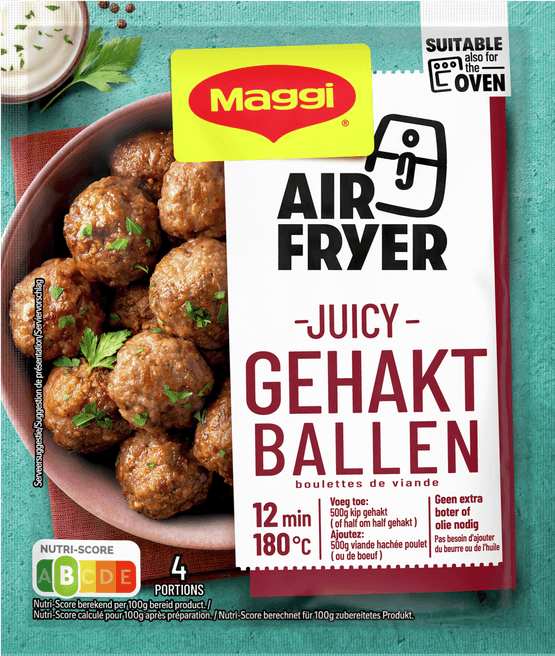 Foto van Maggi Kruidenmix airfryer meatballs op witte achtergrond