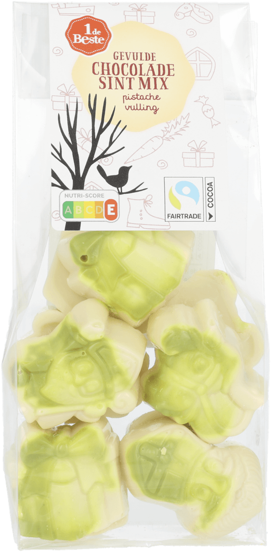 Foto van 1 de Beste Sintfiguren chocolade wit pistache op witte achtergrond
