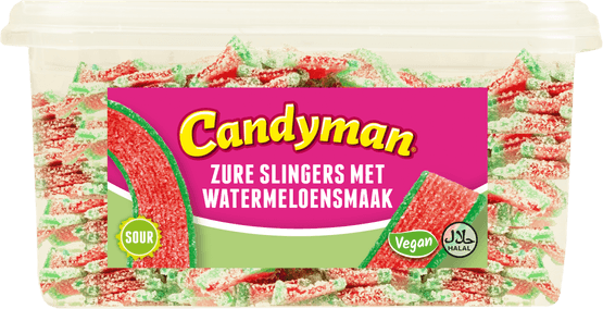 Foto van Candyman Zure slingers watermeloensmaak op witte achtergrond