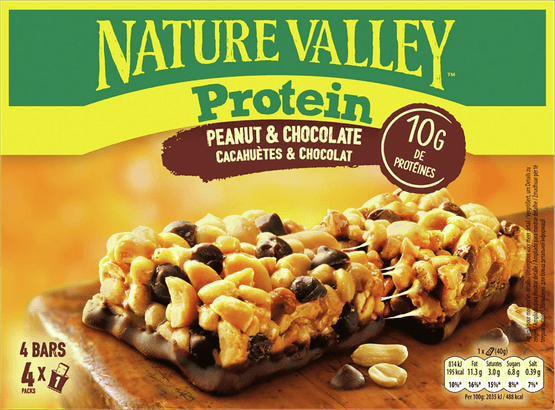 Foto van Nature Valley Protein bar peanut & chocolate 4-pack op witte achtergrond