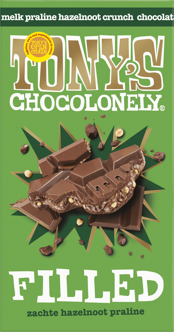 Foto van Tony's Filled melk hazelnoot praline op witte achtergrond