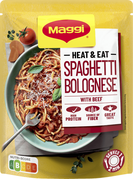 Foto van Maggi Heat & eat spaghetti bolognese op witte achtergrond