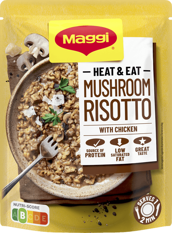 Foto van Maggi Heat & eat risotto champignon op witte achtergrond