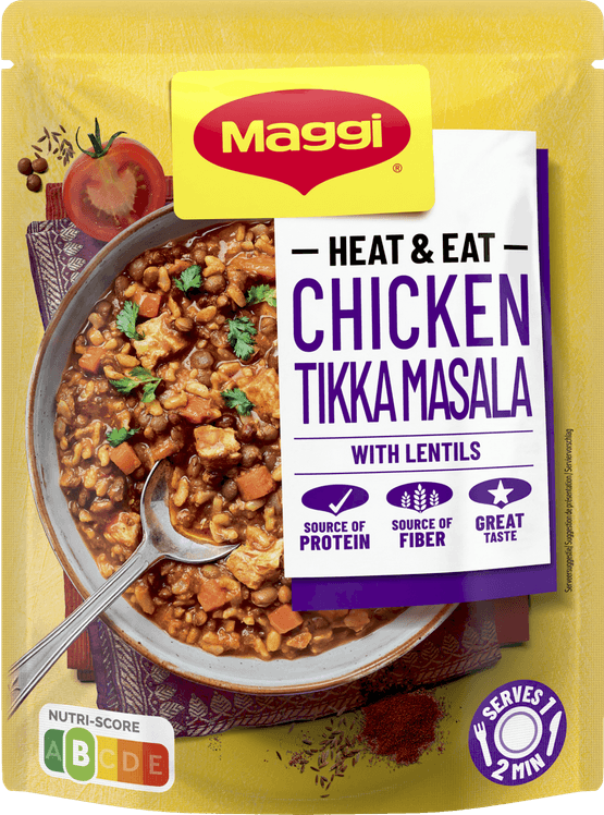 Foto van Maggi Heat & eat tikka masala op witte achtergrond