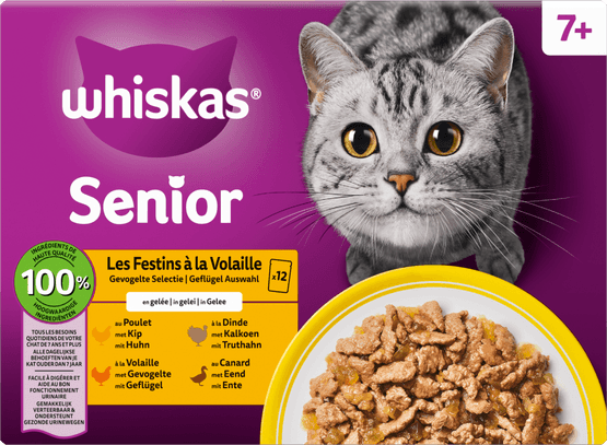 Foto van Whiskas Kattenvoer senior 7+ gevogelte in gelei 12st. op witte achtergrond