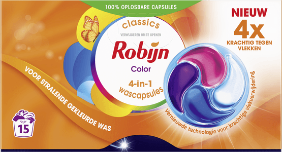 Foto van Robijn Vloeibaar wasmiddel caps 3 in 1 op witte achtergrond