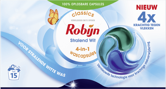 Foto van Robijn Vloeibaar wasmiddel caps 3 in 1  stralend wit op witte achtergrond
