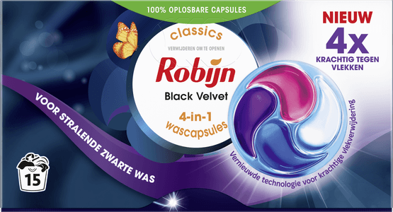 Foto van Robijn Vloeibaar wasmiddel caps 3 in 1  black velvet op witte achtergrond
