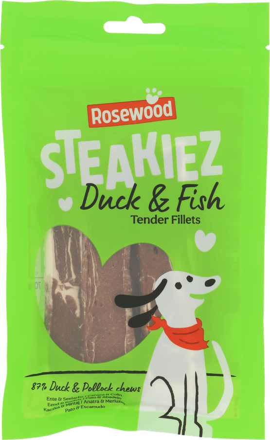 Foto van Rosewood Hondensnacks duck & fish tender fillets op witte achtergrond