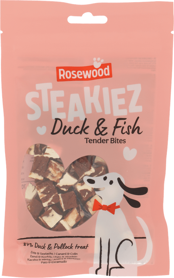 Foto van Rosewood Hondensnacks duck & fish tender bites op witte achtergrond