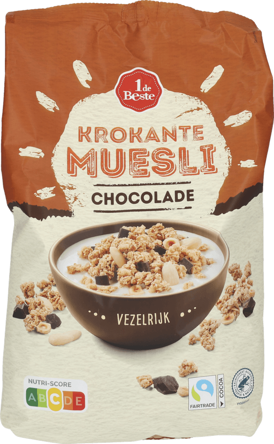 Foto van 1 de Beste Krokante muesli chocolade op witte achtergrond