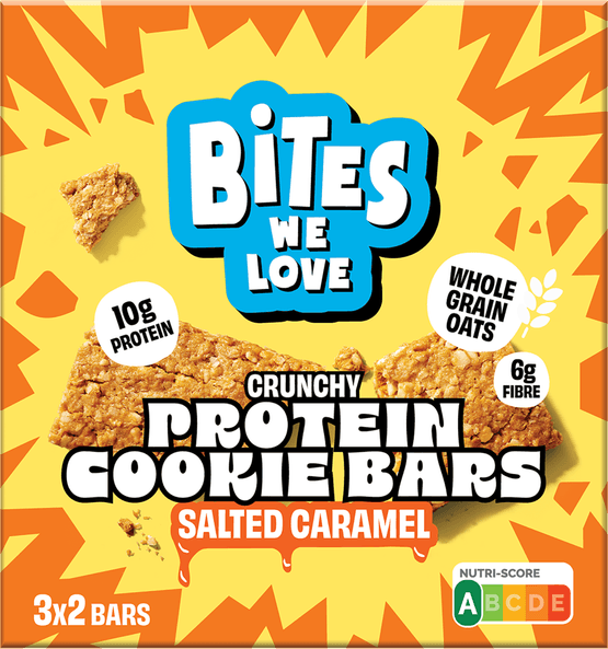 Foto van BitesWeLove Crunchy bars protein salted caramel 3x2st. op witte achtergrond