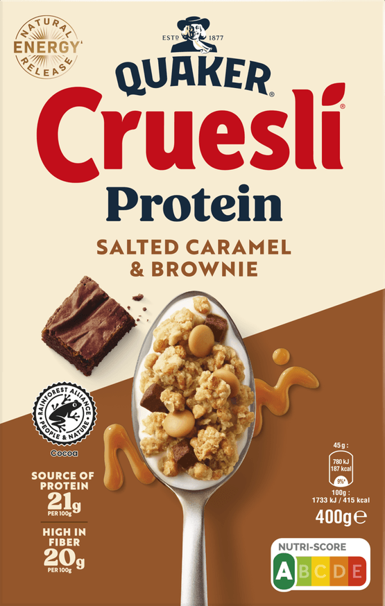 Foto van Quaker Cruesli protein caramel brownie op witte achtergrond