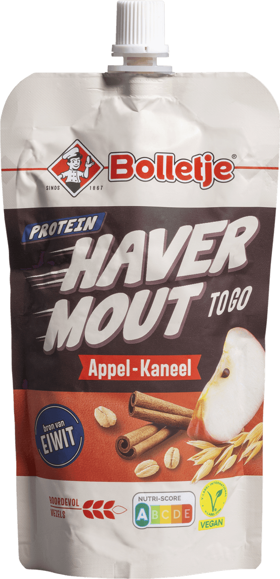 Foto van Bolletje Havermout to go appel kaneel op witte achtergrond