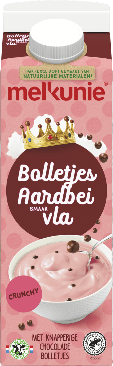 Foto van Melkunie Vla bolletjes aardbei op witte achtergrond