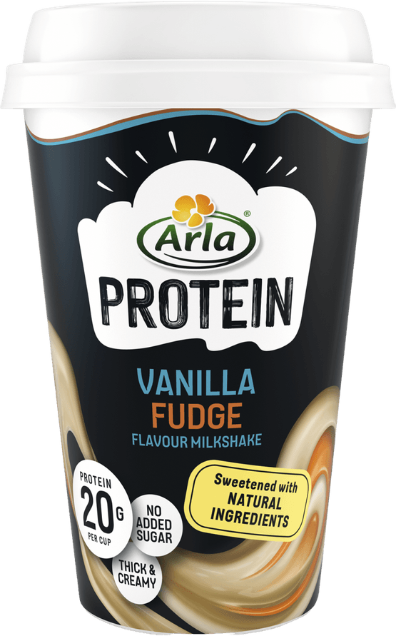 Foto van Arla Milkshake protein vanille fudge op witte achtergrond