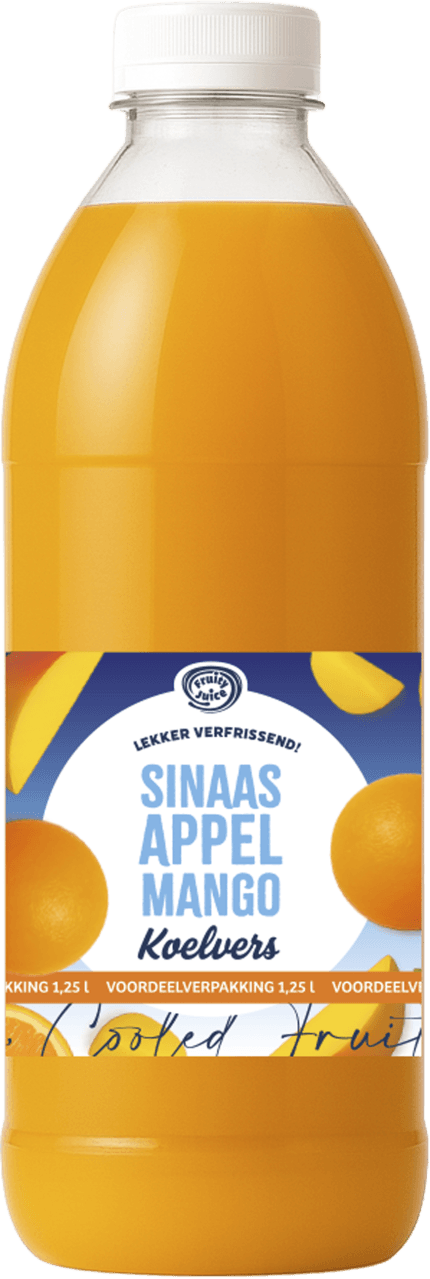 Foto van Fruity Juice Sinaasappel mango drink op witte achtergrond