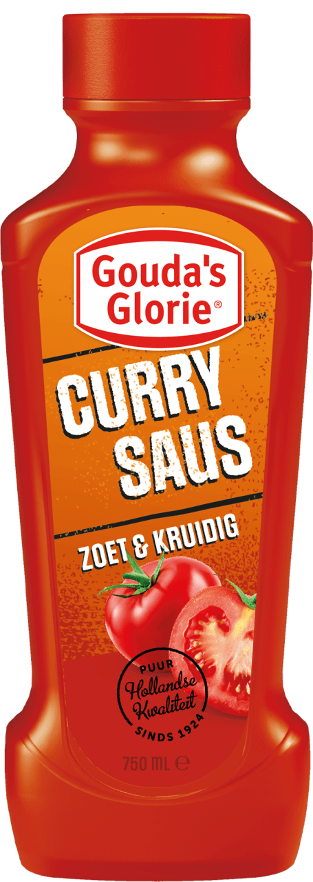 Foto van Gouda's Glorie Currysaus op witte achtergrond