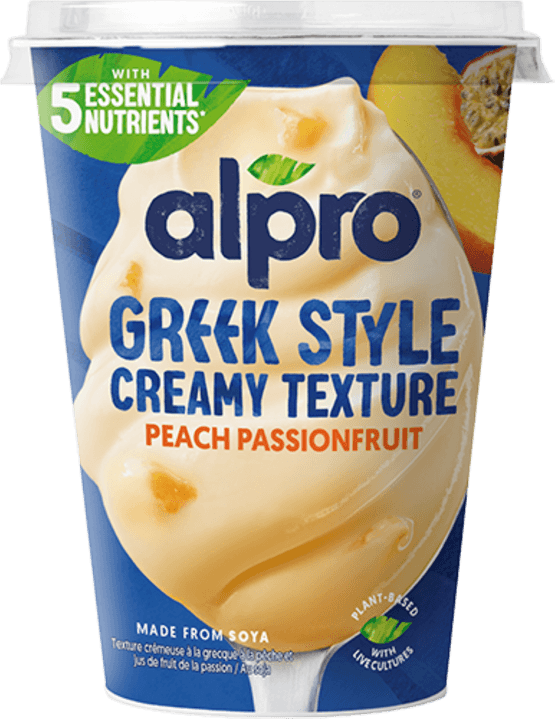 Foto van Alpro Creamy greek style peach passionfruit op witte achtergrond